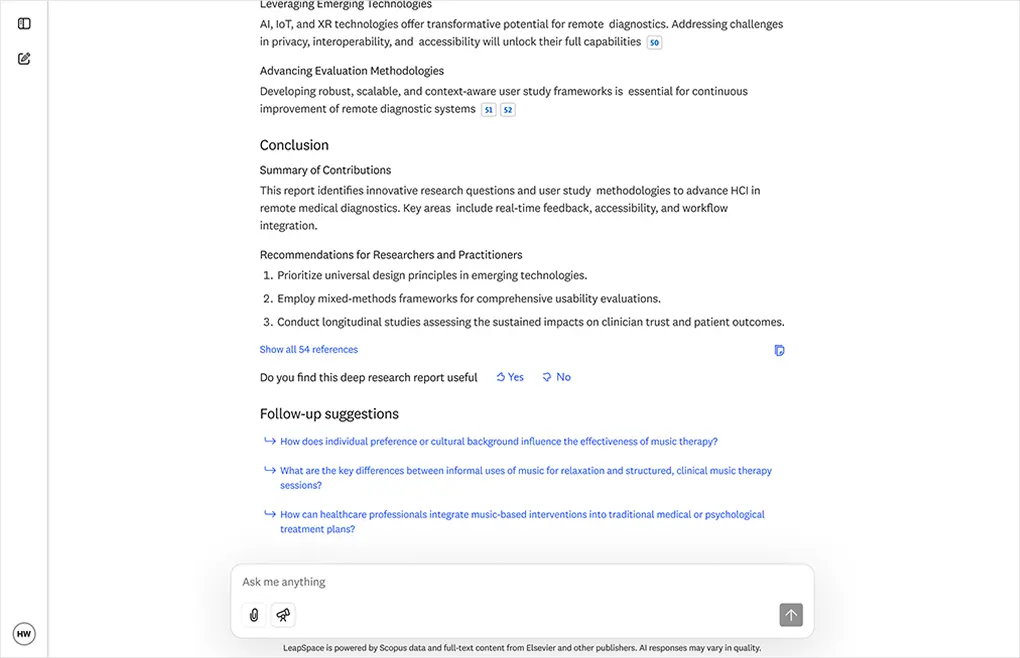 Screenshot of LeapSpace Deep Research conversation finished page