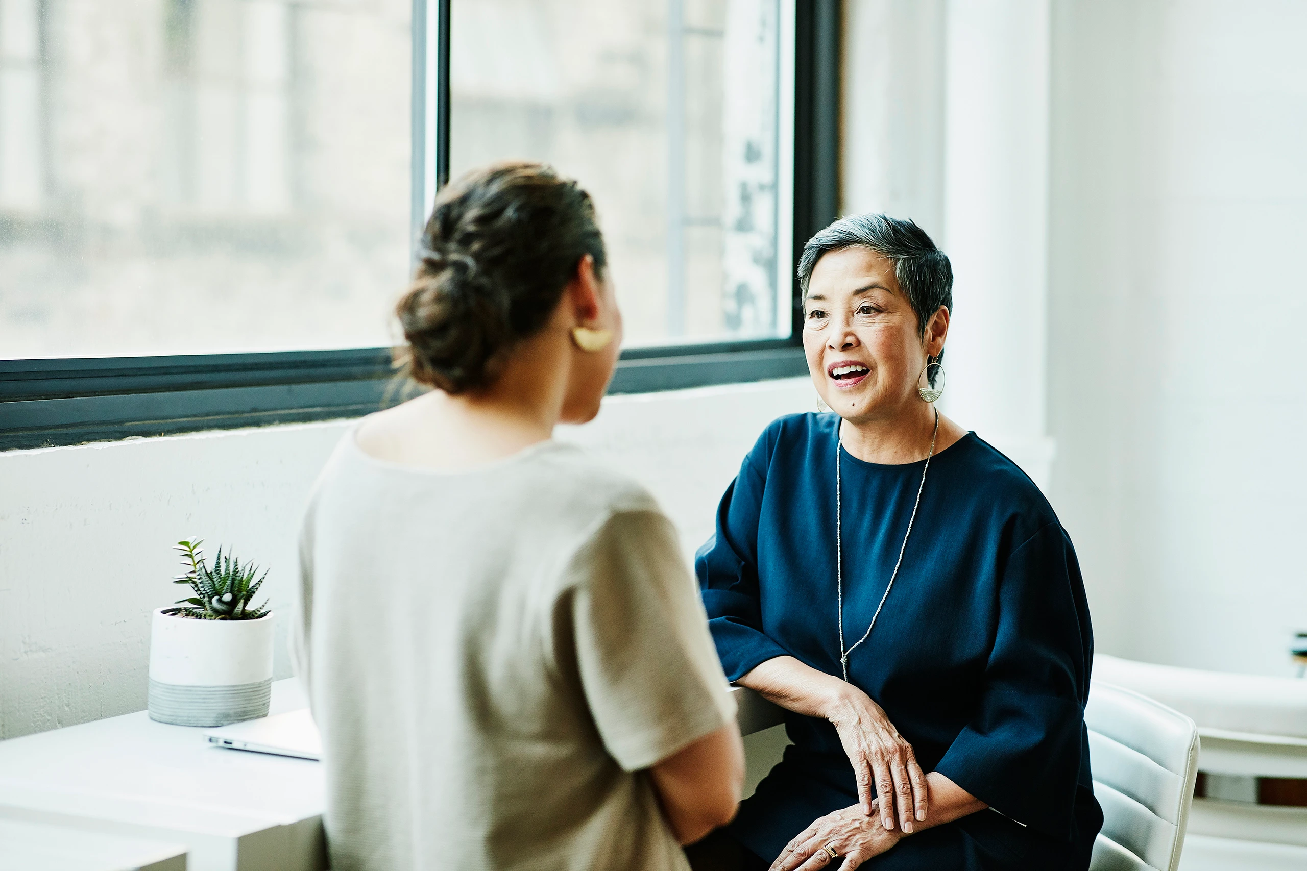 Smiling senior businesswoman in discussion with client in office conference room