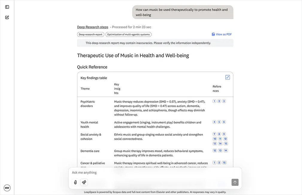 Screenshot of LeapSpace Deep Research conversation page