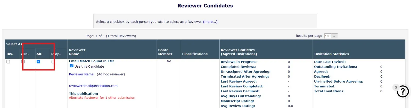 Review candidates in Editorial Manager, with the option to set certain candidates as Alternate Reviewers.