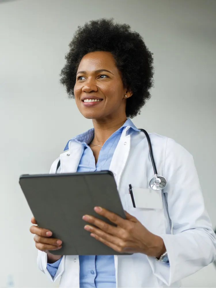 female doctor with tablet
