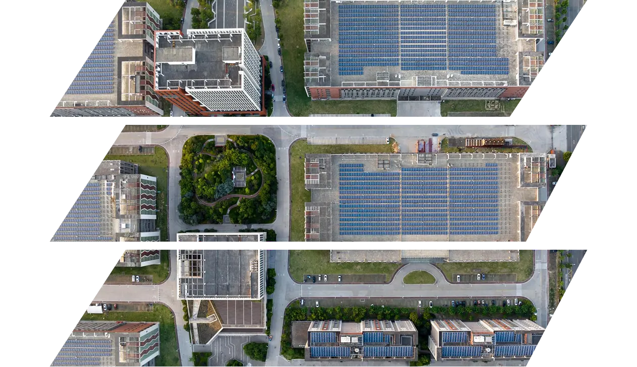 Solar power plant overlooking the roof of an eco-friendly building