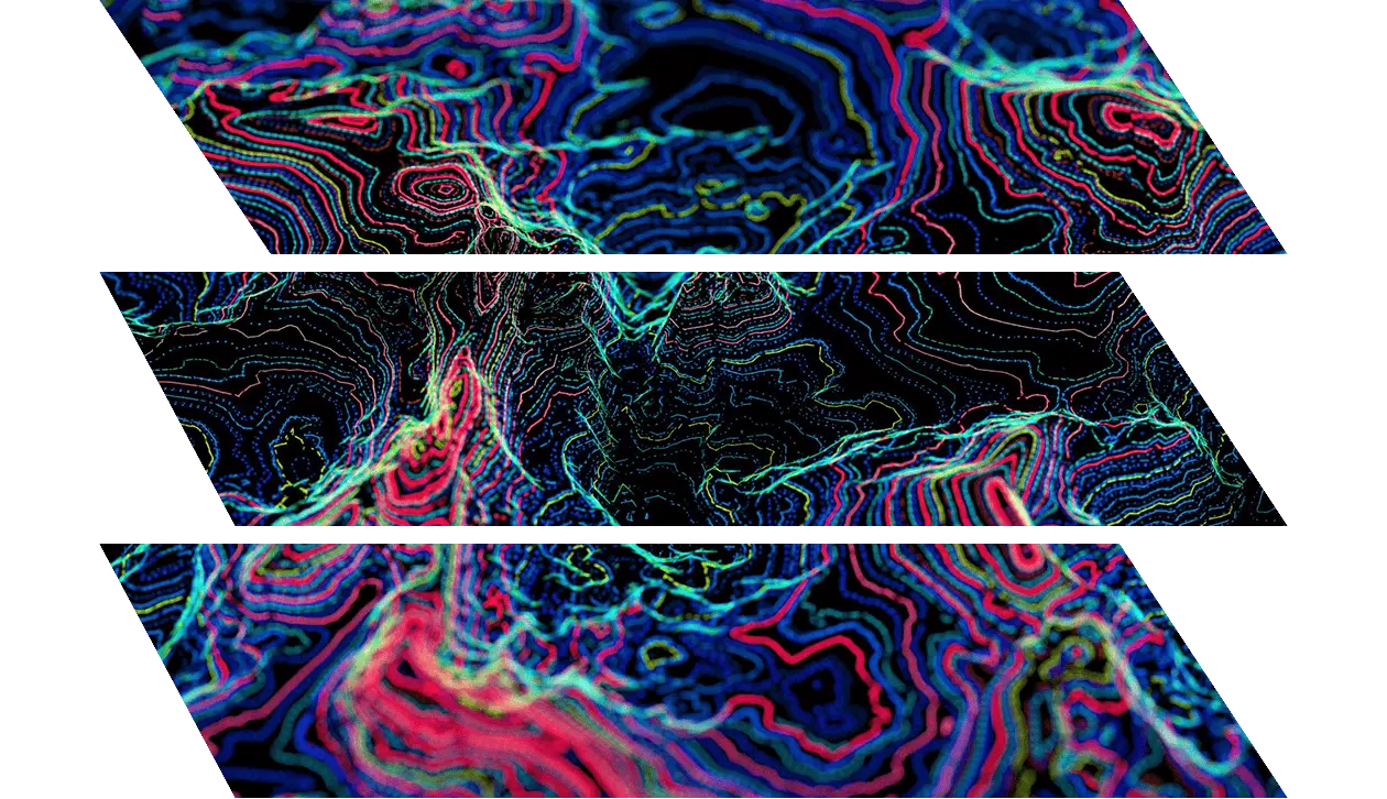 Digital generated image of multi coloured glowing data over landscape