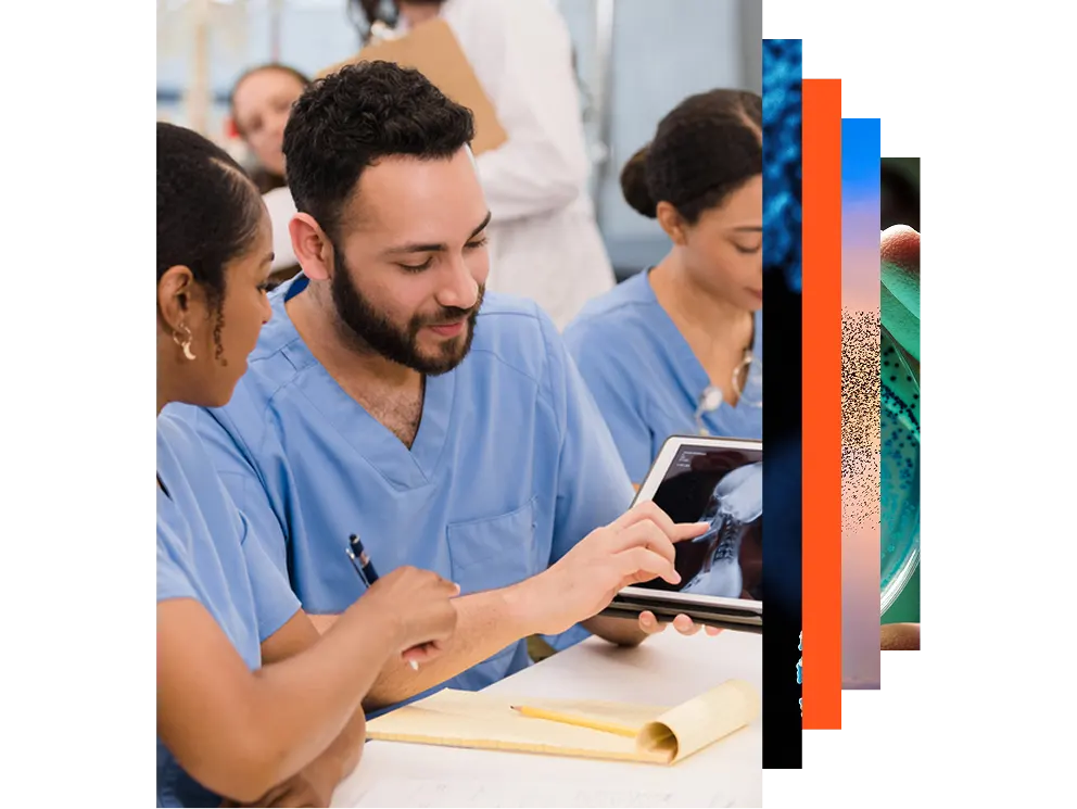 Team of doctors and nurses discussing patient care in a hospital meeting environment