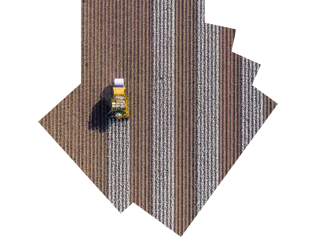 Drone photo of agricultural machine harvesting a cotton field