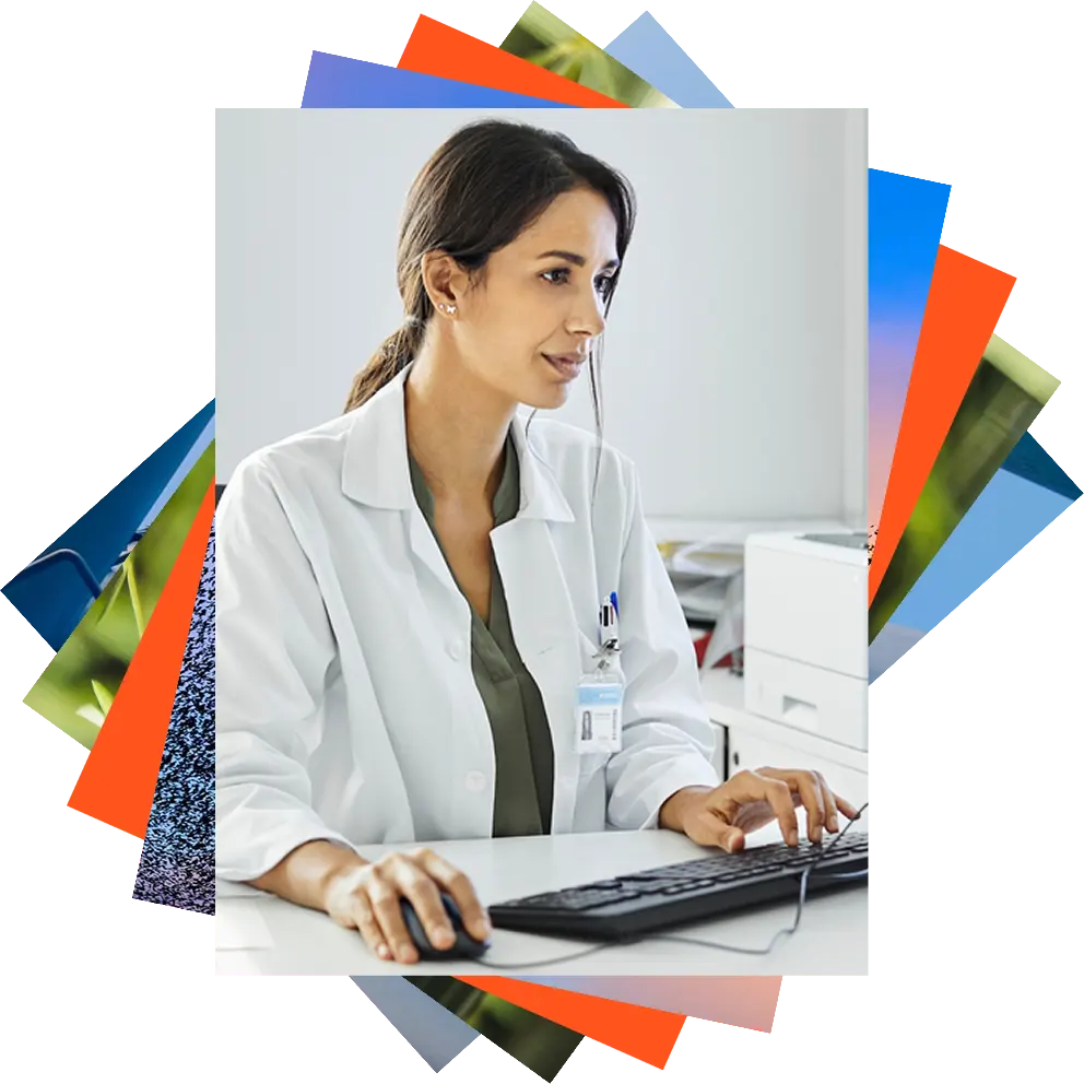 Female physician in a white coat looking up online information