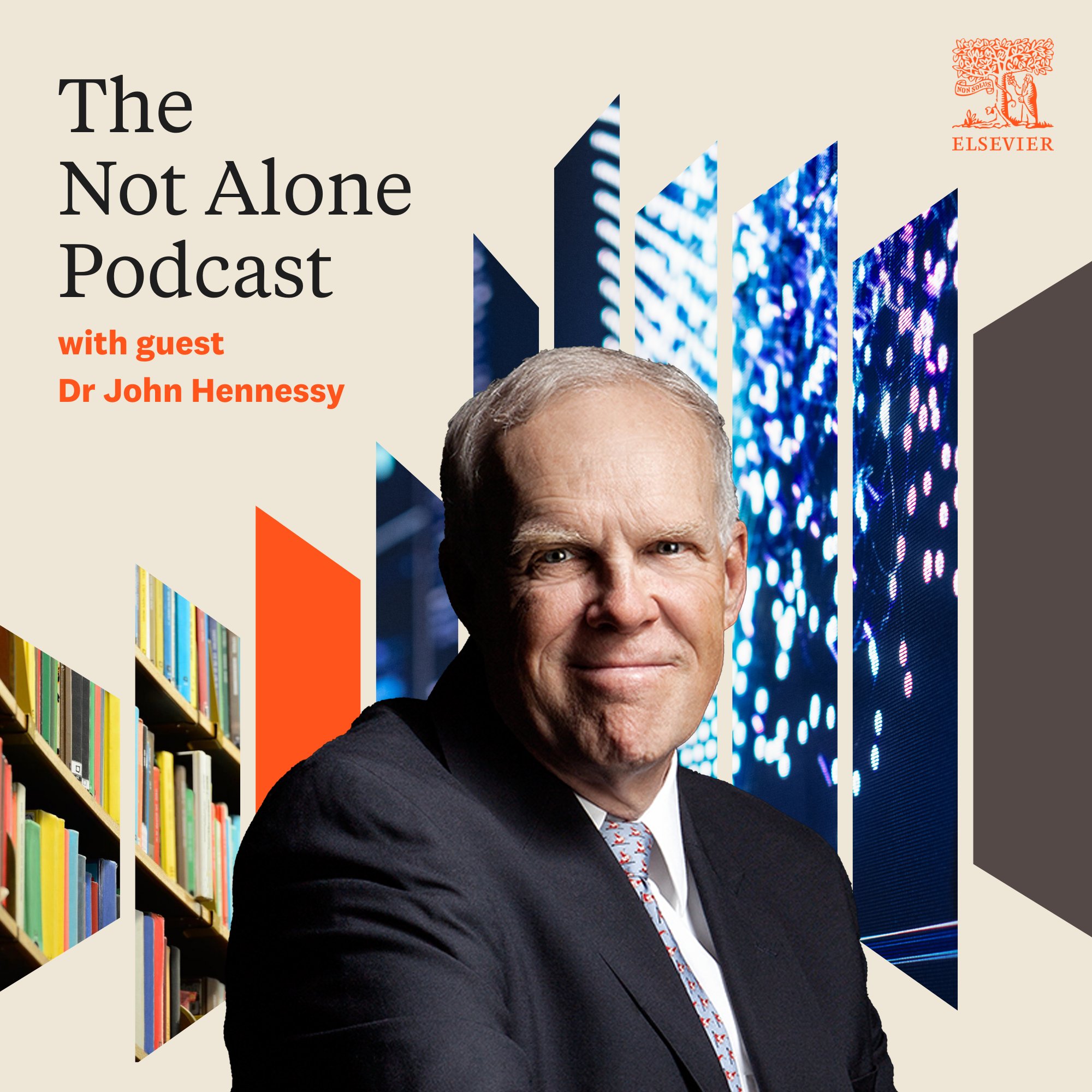 Banner with a photo of John Hennessy on the Not Alone podcast: Leaders in Conversation