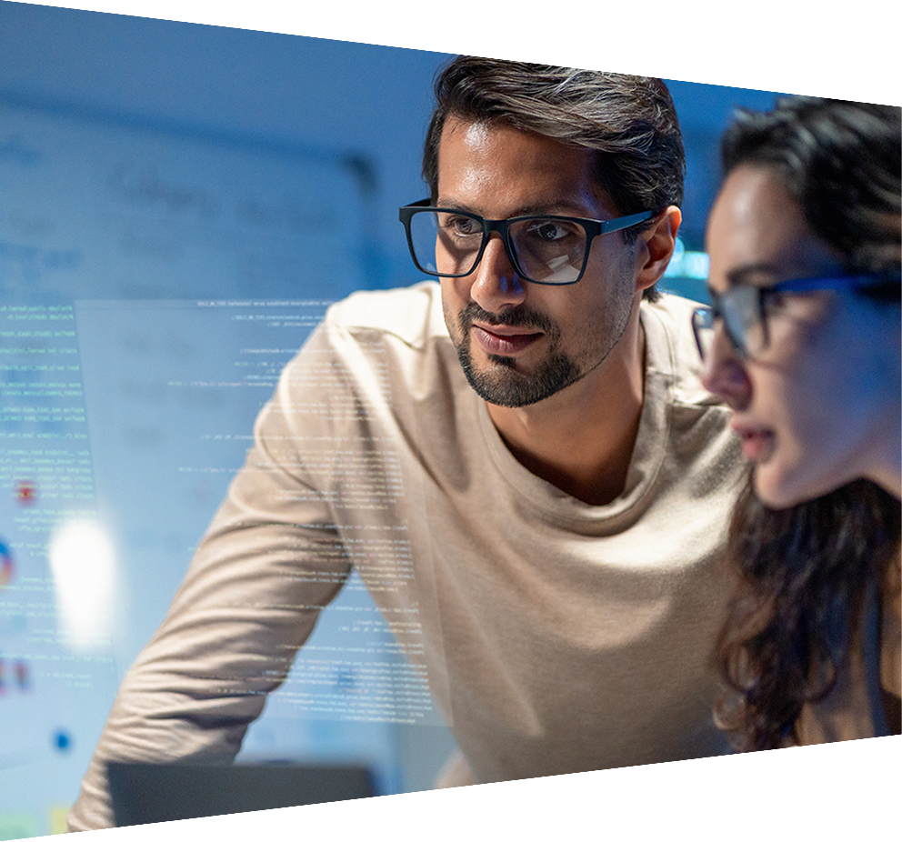 Researchers with tablet in front of screen with analytics 