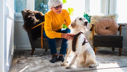 Eldre dame sitter i en lenestol med en hund framfor seg på gulvet, som hun ser på og har megge hender rundt. 