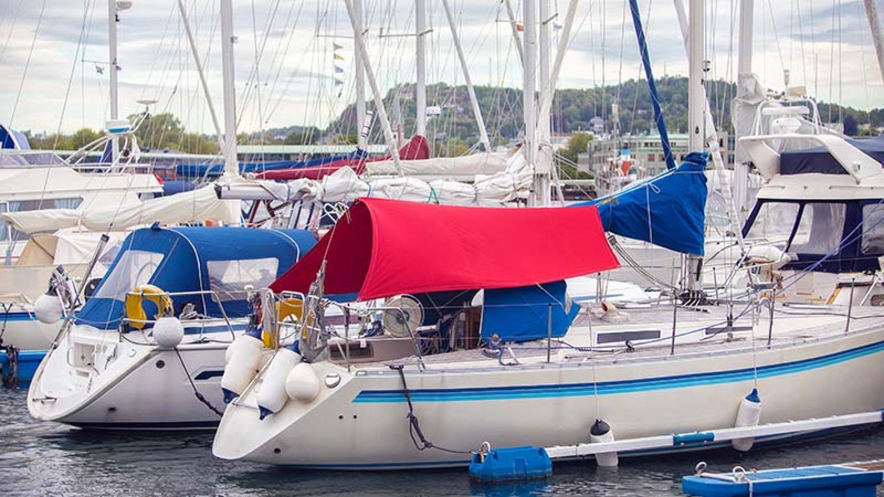 Seilbåter fortøyd i en havn.