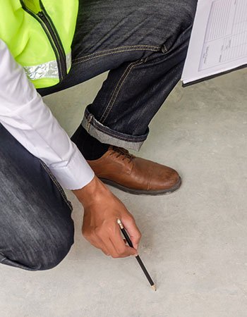 En mann inspiserer et gulv.