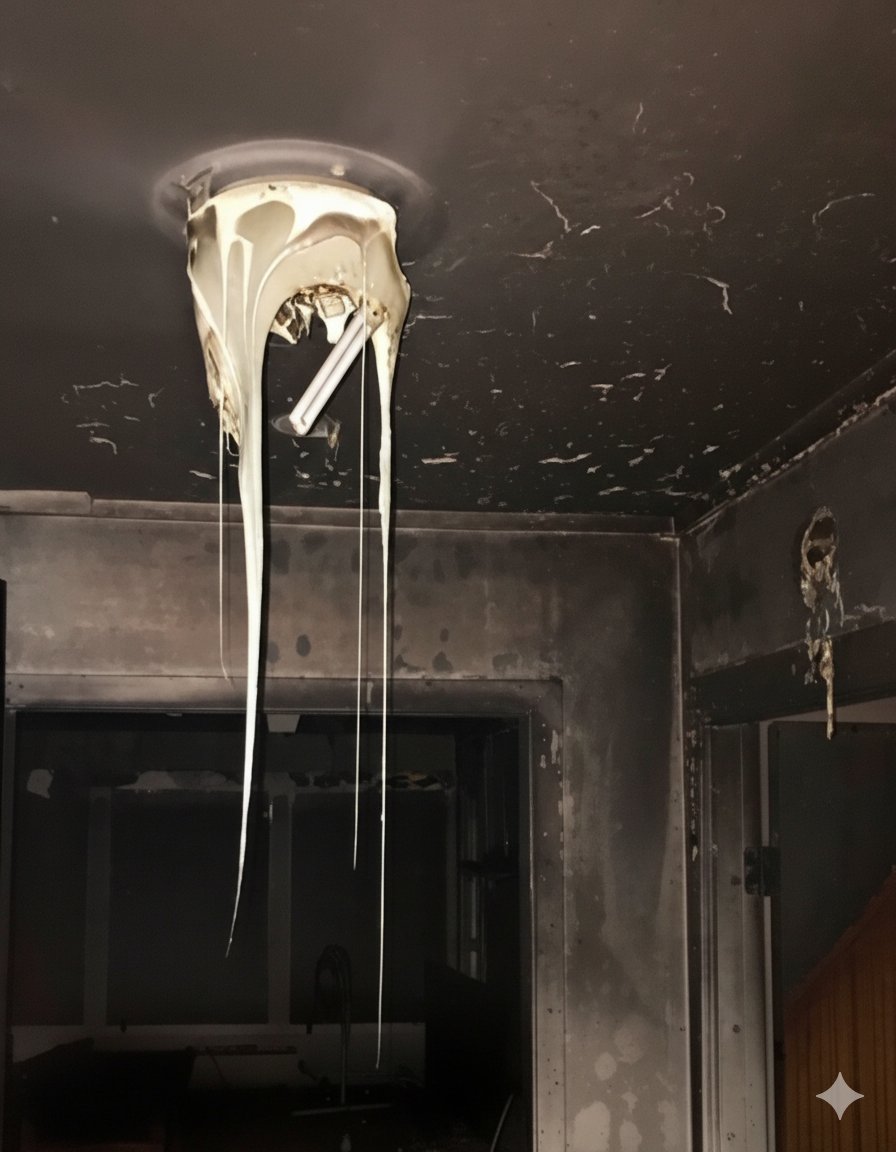 Smeltet taklampe med lange dryppende striper henger fra et sotet tak etter brannskade