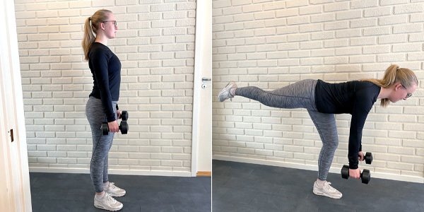 Bildet viser hvordan du skal utføre et rumensk markløft på ett ben.