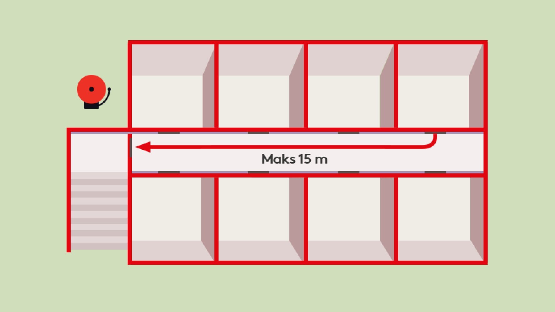 En plantegning som viser åtte leiligheter og at det skal maks være 15 meter til rømningsvei fra innerste leilighet.