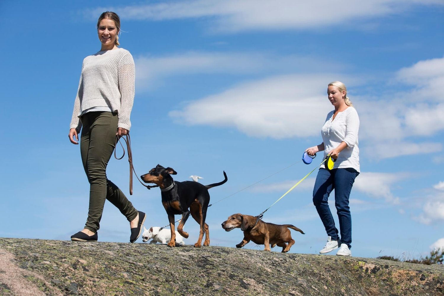 To damer og tre hunder på tur.