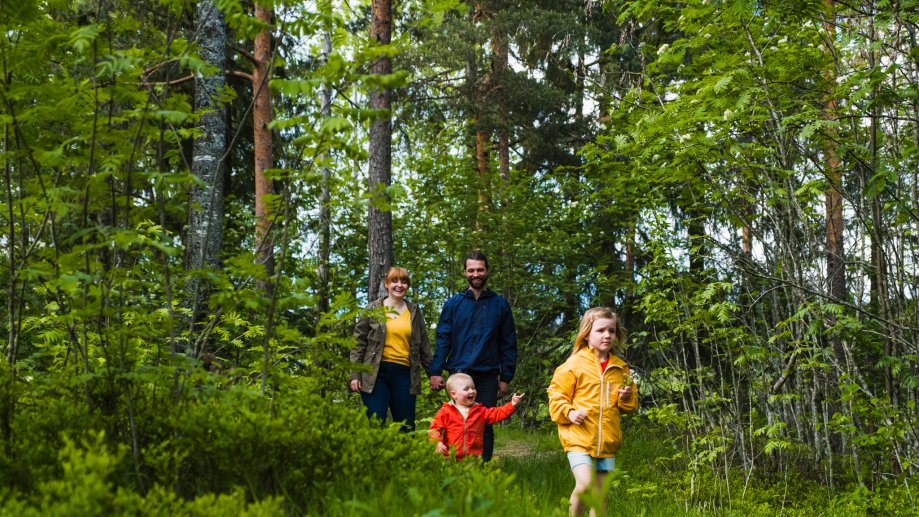 En barnefamilie går på skogstur sammen.