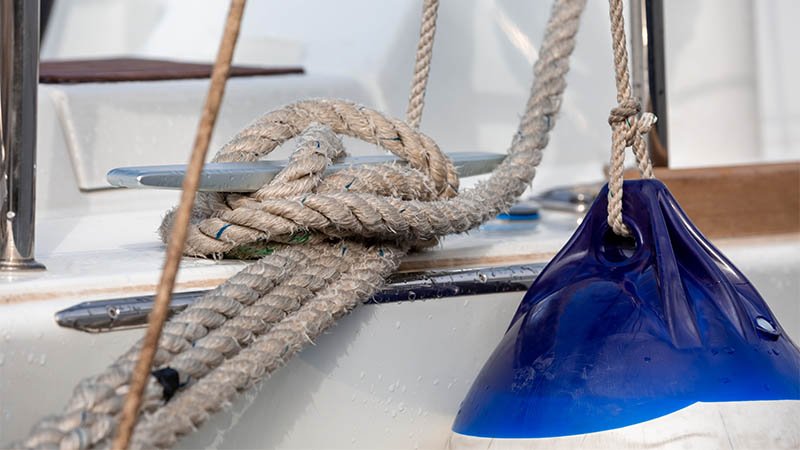 Tau og en blå fendert henger ved rekka på en båt.