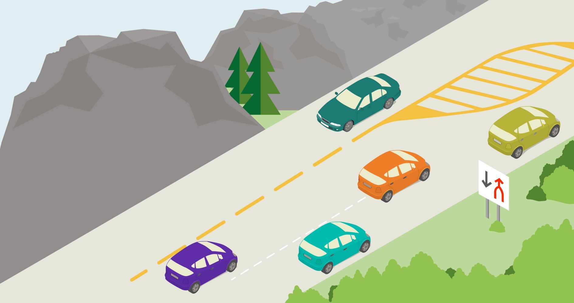 Illustrasjon av biler i et flettefelt.