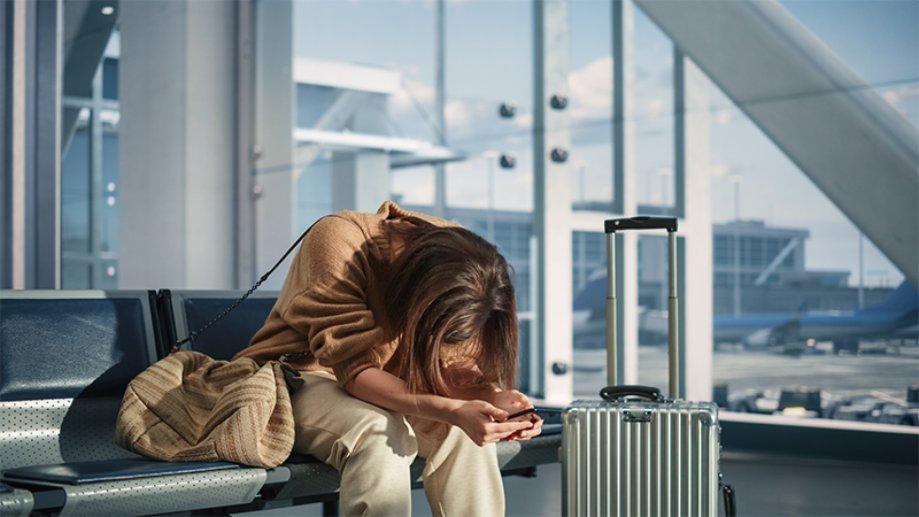 En dame sitter å venter ved gaten på en flyplass.