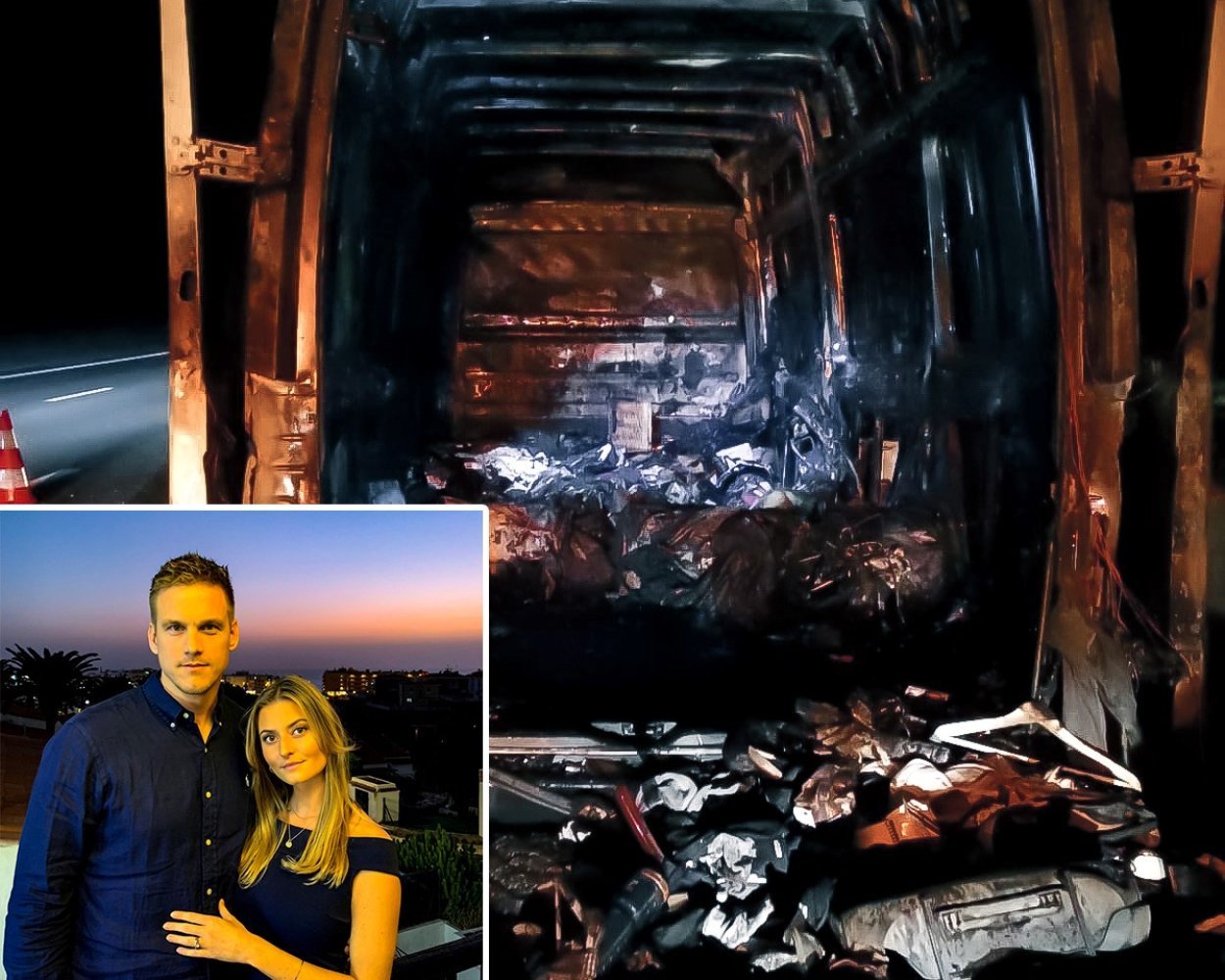 Utbrent flyttelass og et innklippet bilde av Espen Lie Hansen og samboeren ved siden av