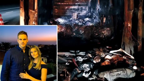 Utbrent flyttelass og et innklippet bilde av Espen Lie Hansen og samboeren ved siden av