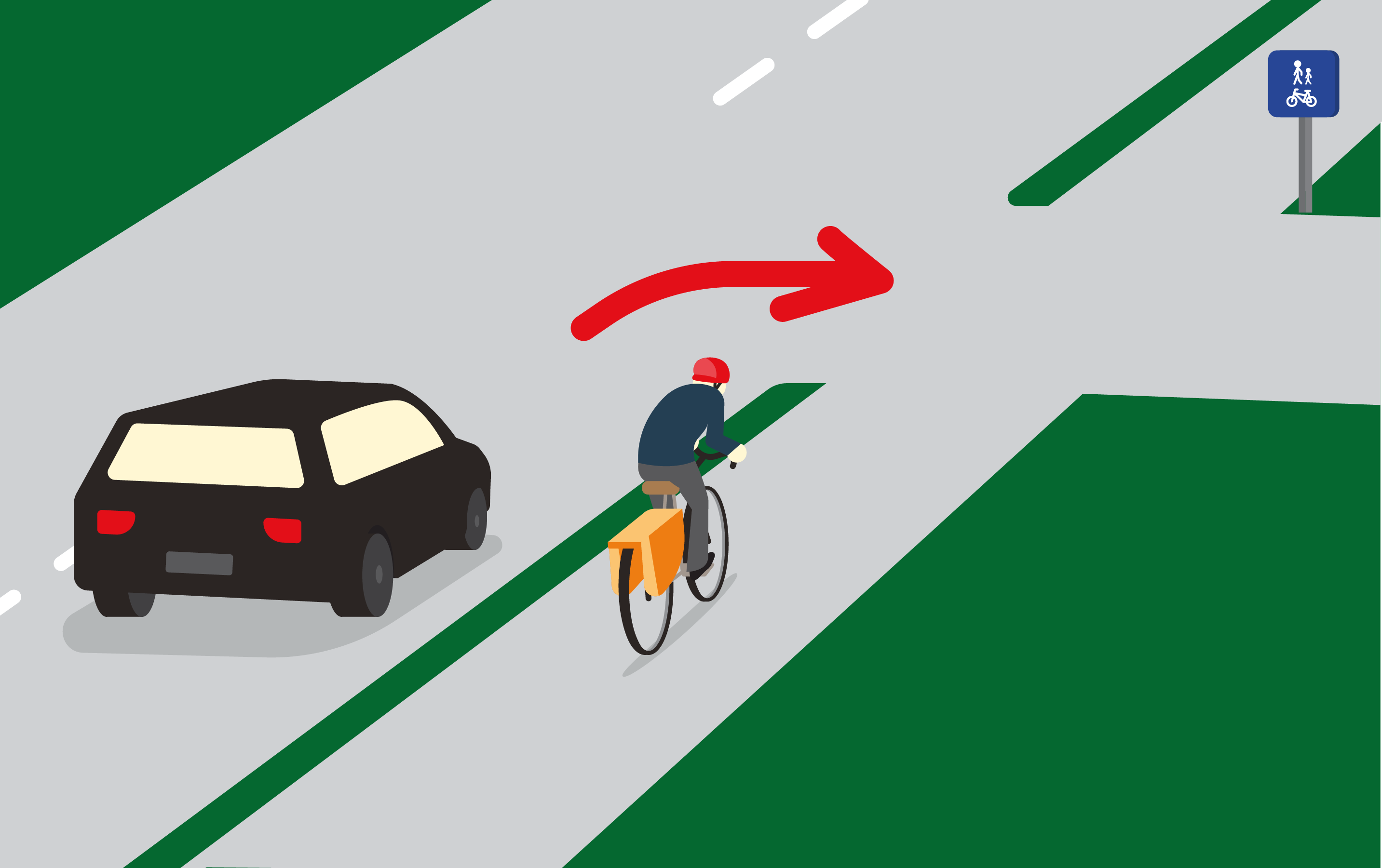 Illustrasjon av en syklist med hjelm som skal svinge til høyre i et kryss, med en bil bak og et skilt for gang- og sykkelvei.