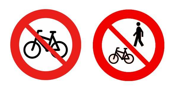 Forbudsskilt for henholdsvis syklende og for syklende og gående.