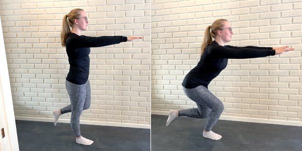 Bildet viser hvordan du skal utføre knebøy på ett ben.