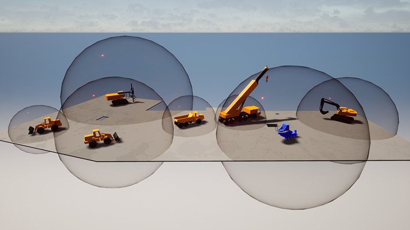 Illustrasjon av gravemaskiner inne i "usynlige" bobler.