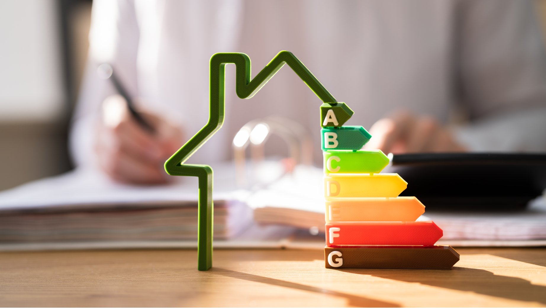 Bilde av energikarakterer stablet på et bord.