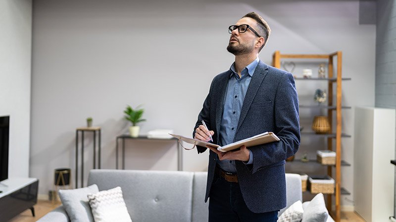 Mann i dressjakke står i en stue og skriver i en notatblokk