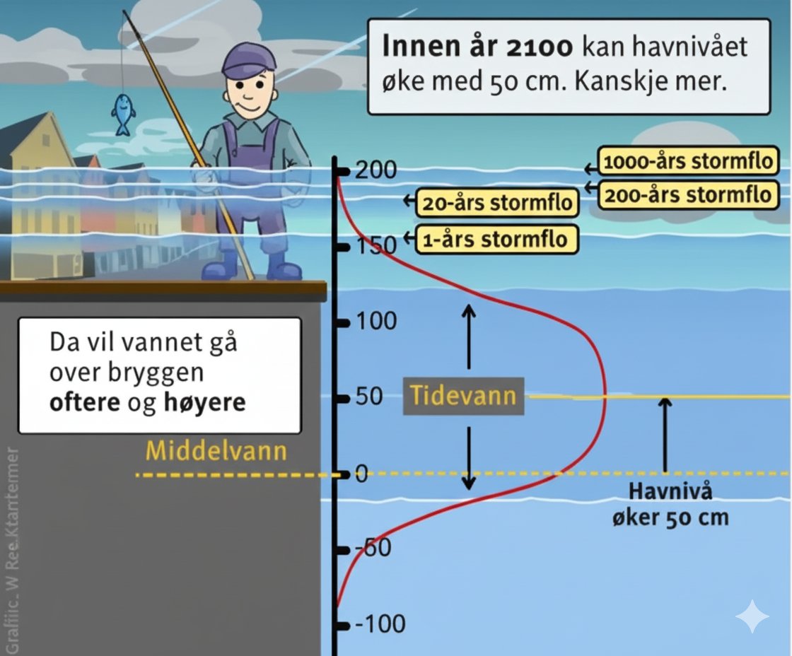 Illustrasjonen viser hvordan det stigende havnivået i Bergen vil påvirke bryggen.