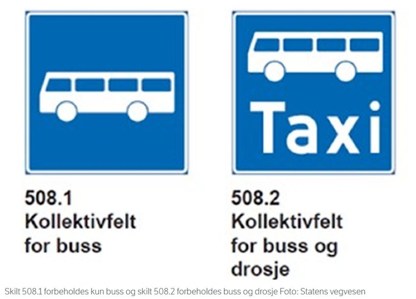 Illustrasjoner av to veiskilt, til venstre en hvit buss på blå bakgrunn, til høyre en hvit buss over hvit "Taxi"-skrift på blå bakgrunn. Under skiltet til venstre står det skrevet "508.1, Kollektivfelt for buss", og under skiltet til høyre står det skrevet "508.2, Kollektivfelt for buss og drosje".