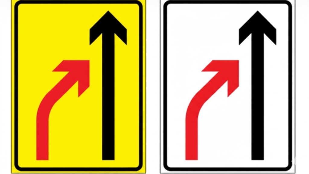 To trafikkskilt som viser sammenfletting av kjørefelt; ett med gul bakgrunn og ett med hvit bakgrunn, begge med svart og rød pil.