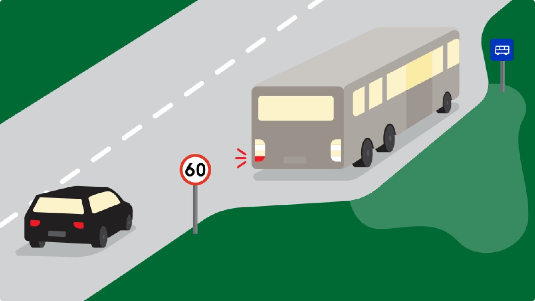 Illustrasjon av buss som blinker seg ut av busslomme med en bil som kommer opp bakfra i 60-sone