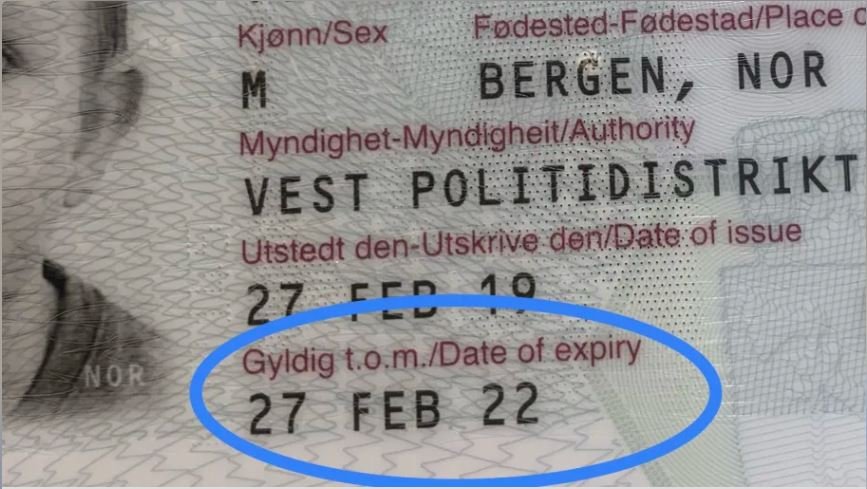 Utsnitt av et norsk pass med uthevet informasjon om gyldighetsdato.