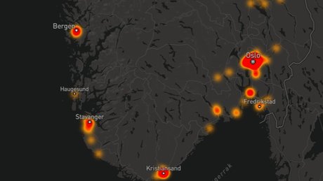 Et kart som viser omfanget av sykkeltyveri i Norge. Byene er mest utsatt.