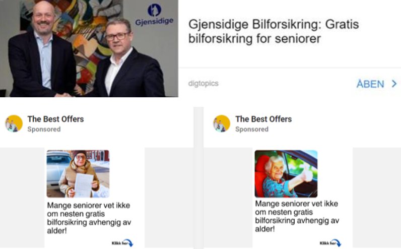 Tre falske annonser som forteller at seniorer får gratis bilforsikring i Gjensidige.