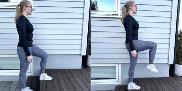 Bildet viser hvordan du skal utføre et steg opp med kneløft.