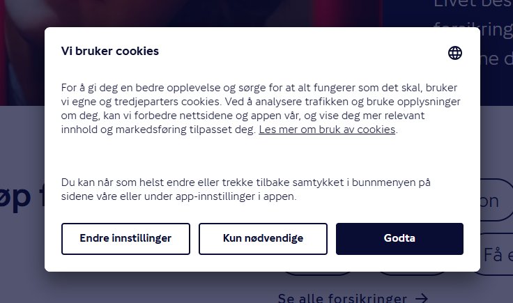 Cookie banner på gjensidige.no.