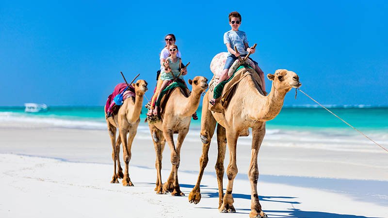En barnefamilie rir på kameler langs en badestrand.