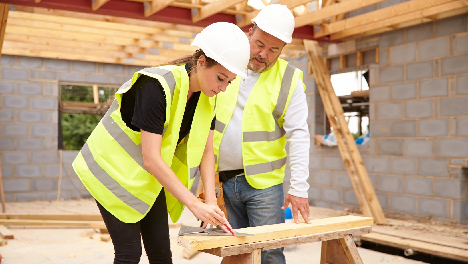 To personer med vernehjelmer og gule refleksvester arbeider på en byggeplass. Den ene markerer på en treplanke som ligger på et arbeidsbord, mens den andre står ved siden av og observerer.