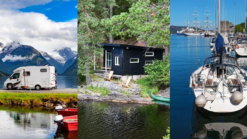 Bilde av bobil, hytte og båt i Norsk natur