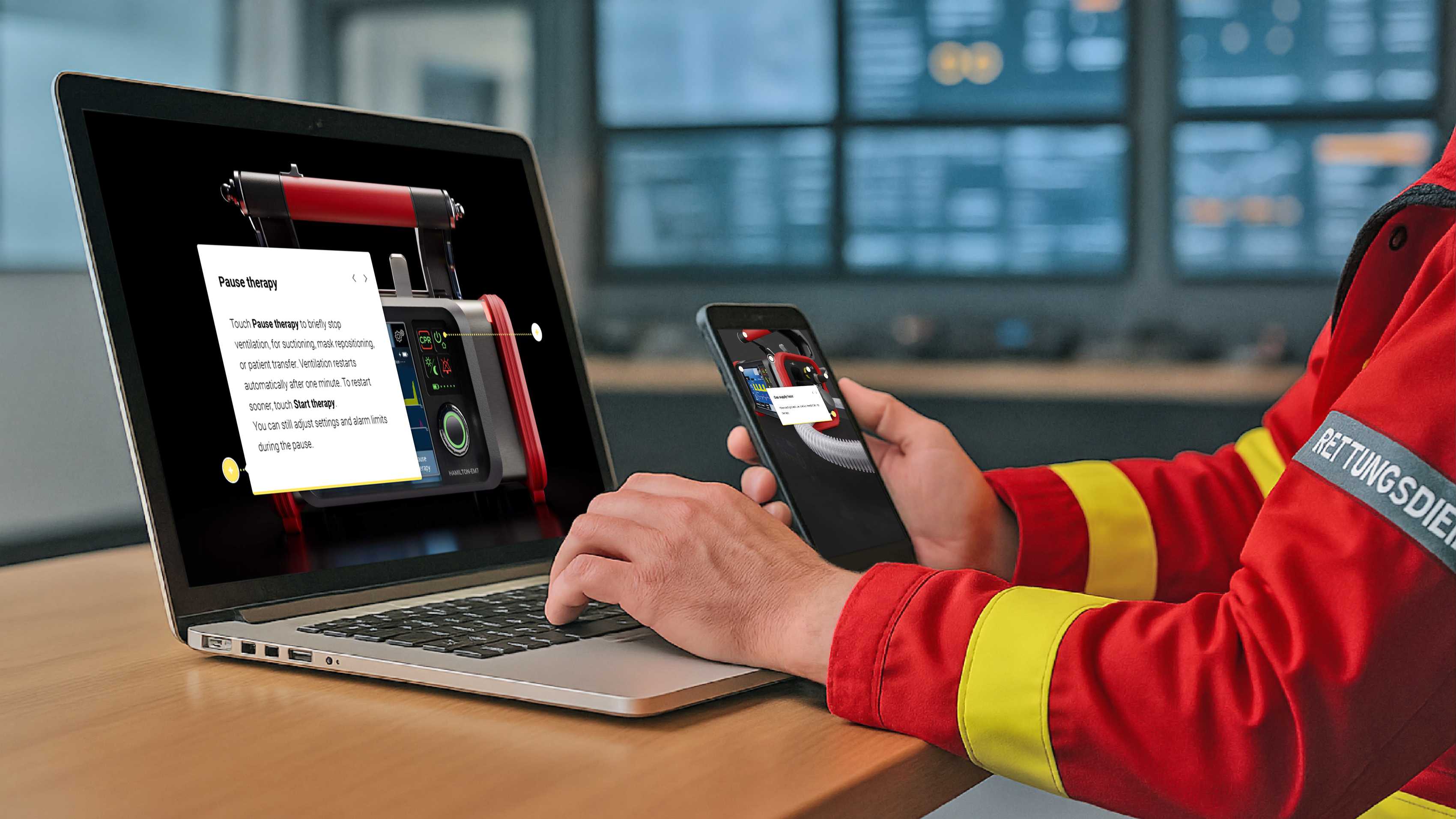 Paramedic with mobile phone and laptop page on HAMILTON-EM7 Learning Hub