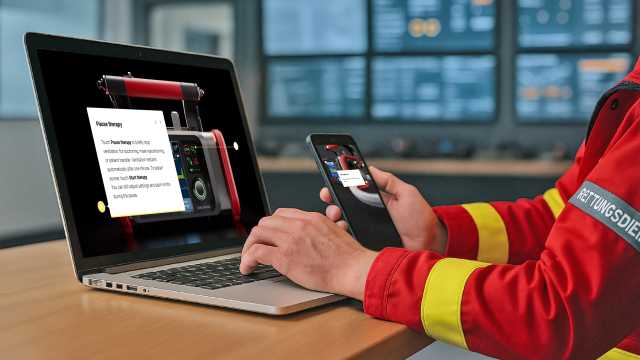 Paramedic with mobile phone and laptop page on HAMILTON-EM7 Learning Hub
