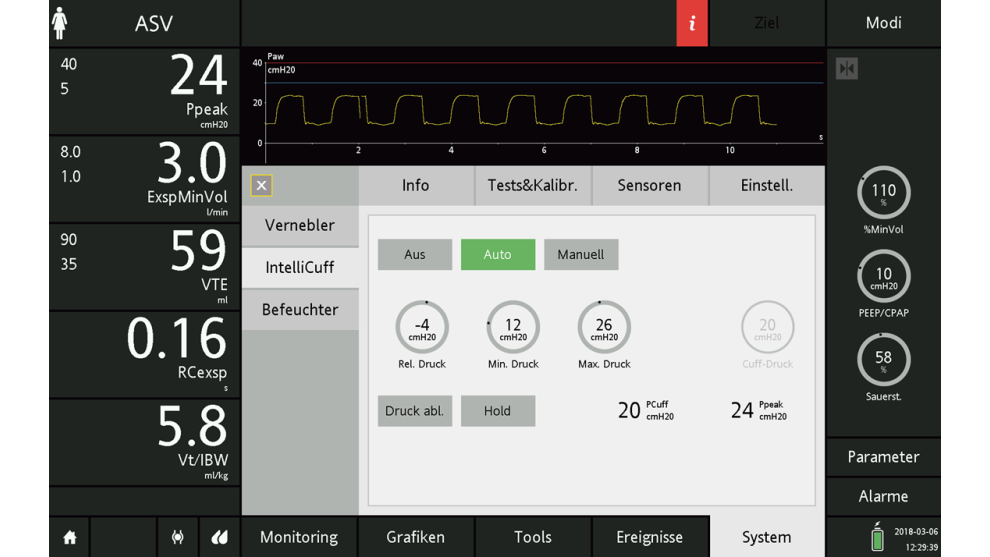 Screenshot showing IntelliCuff set to auto and cuff pressure limits
