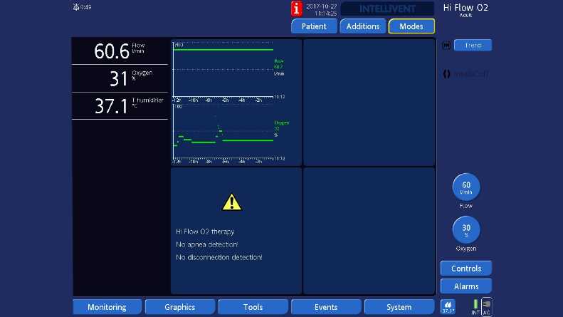 Screenshot showing high flow therapy settings on HAMILTON-G5 ventilator