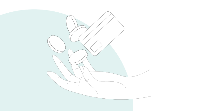 Graphic illustration: coins and credit card in one hand