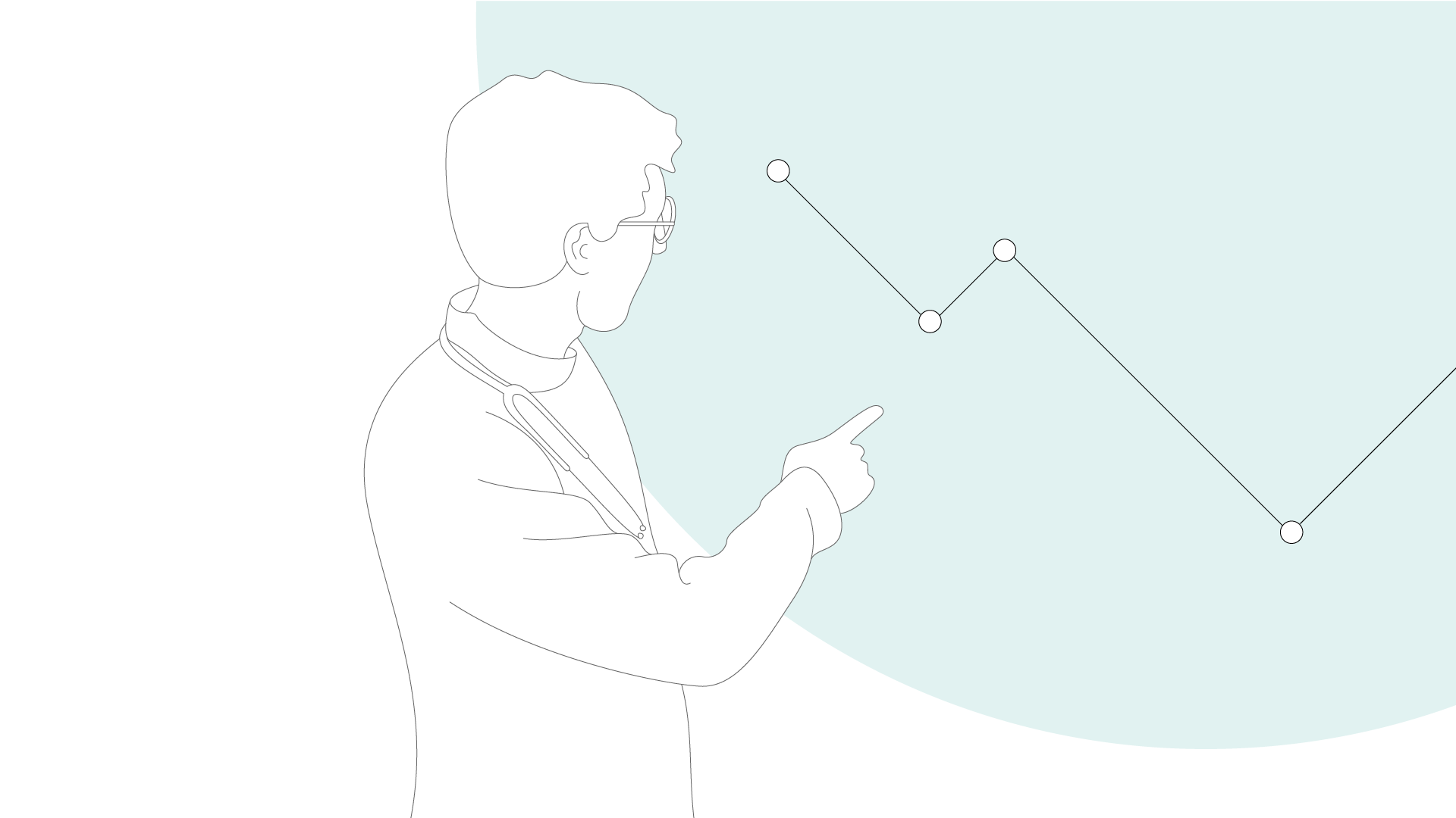 Grafische Darstellung: Im Hintergrund ist ein Datendiagramm zu sehen. Ein Wissenschaftler steht davor und betrachtet es.