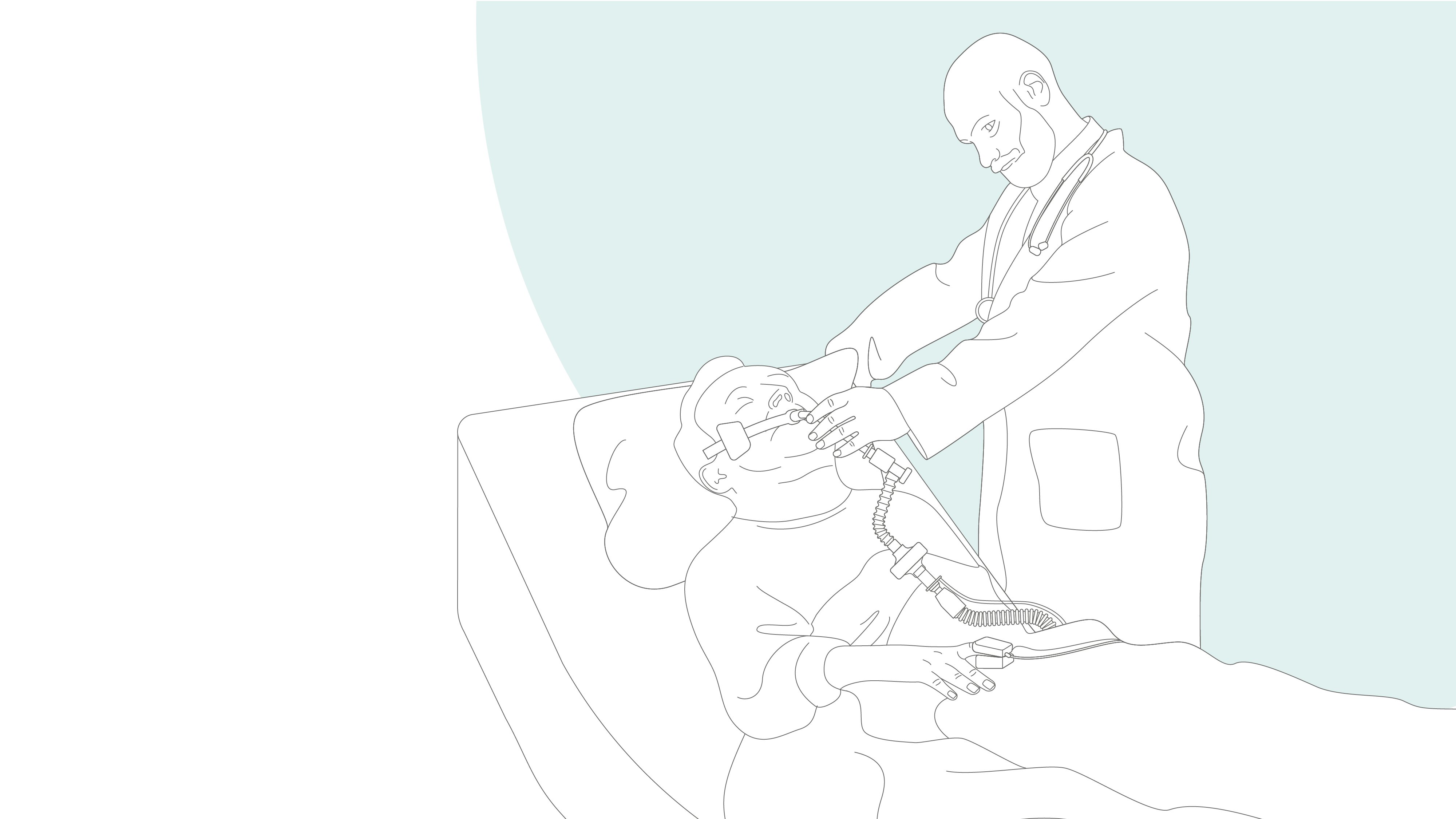 Grafische Darstellung: ein intubierter Patient mit einer medizinischen Fachkraft am Bett